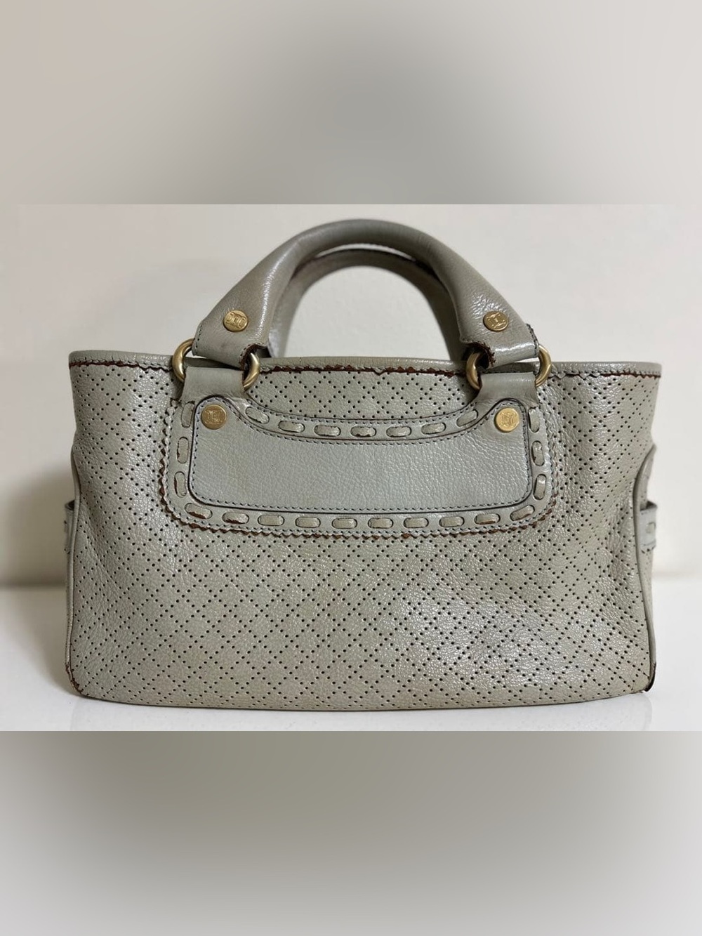 Celine Perforated Leather Boogie Bag in Light Gray with Gold-Tone Hardware